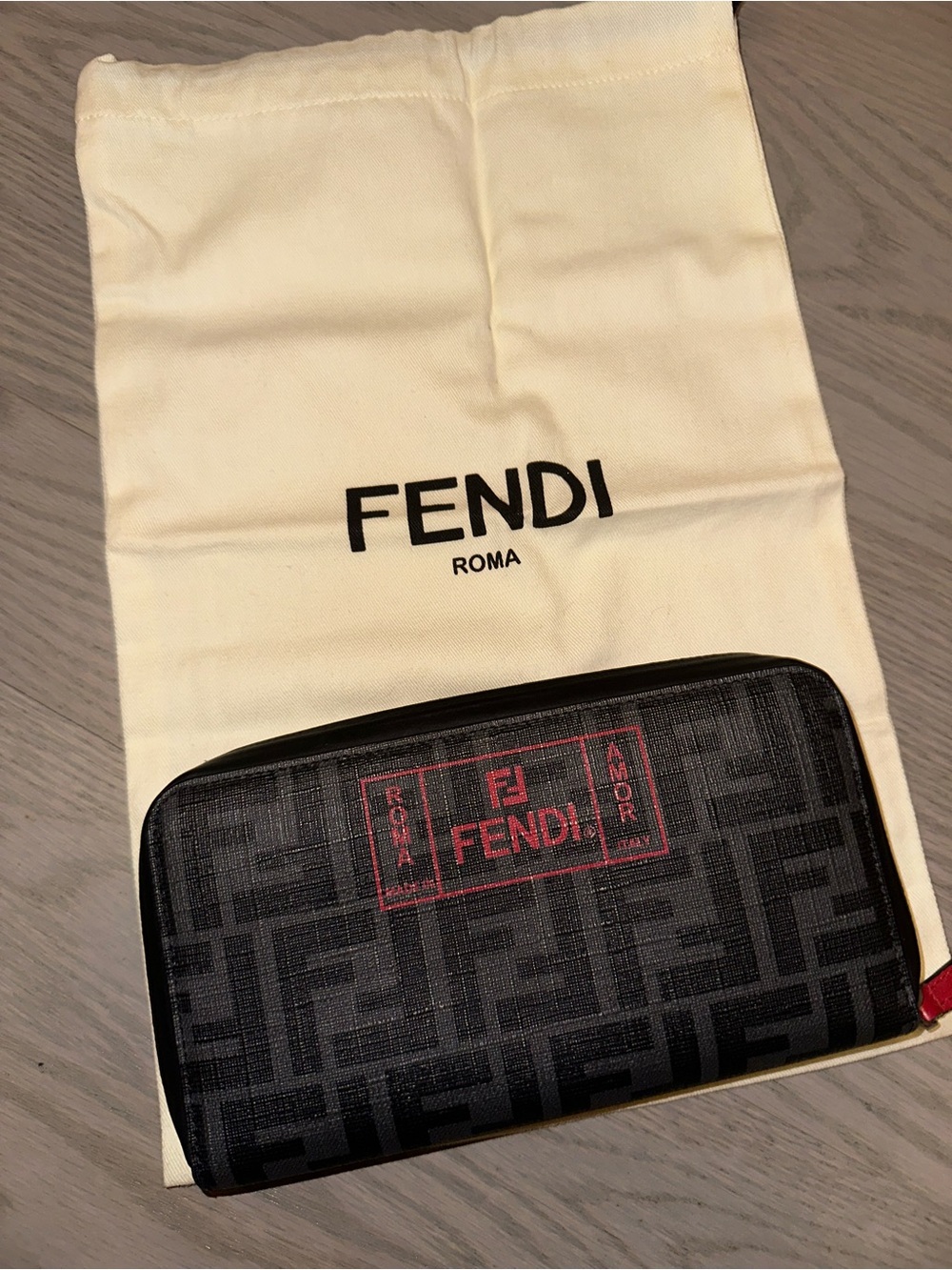 Fendi Black Zucca Canvas Zip Wallet with Red Logo Accent - Picture 2 of 7